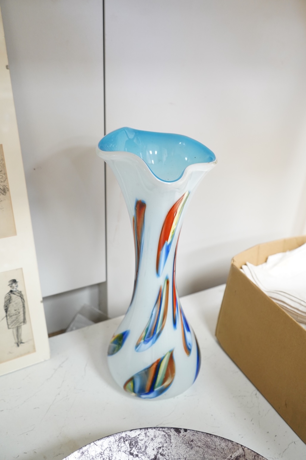 A late 20th century Italian glass vase and two Art glass dishes, largest 49cm in diameter